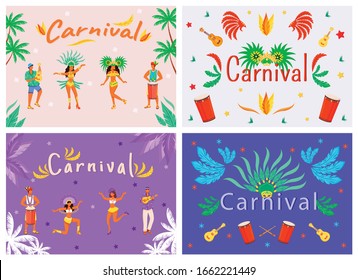 Carnival banner flat vector templates set. Horizontal poster word concepts design. Musicians and dancers cartoon illustrations with typography. National holiday symbols on colorful backgrounds