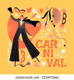 Carnival banner with funny character in fancy dress on stilts. Cartoon style illustration