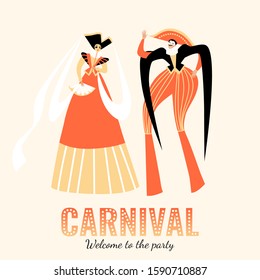 Carnival banner with funny character in traditional  Italian costumes on stilts. Colombine and Harlequin in cartoon style.
