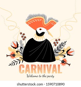 Carnival banner with funny character in traditional  Italian costumes and mask of plague doctor on a background of flowers. Vector illustration for design of invitation cards.