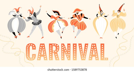 Carnival banner with funny characters in traditional  Italian costumes and headdresses.  Vector illustration in cartoon style.

