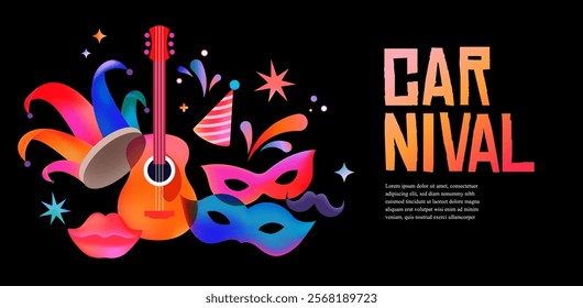 Carnival banner with guitar, masks and jester hat. Colorful vector template background