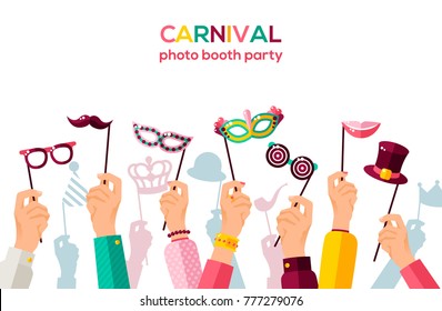 Carnival banner with hands holding carnaval masks. Vector illustration. Masquerade Concept, photo booth party poster