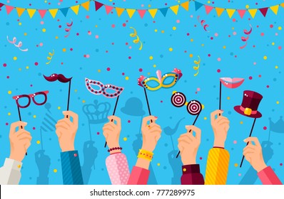 Carnival banner with hands holding carnaval masks. Vector illustration. Masquerade Concept, photo booth party poster with confetti