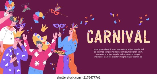 Carnival banner or invitation template flat vector illustration. Carnival festive celebration poster or flyer design. Music and dance event , masquerade march.