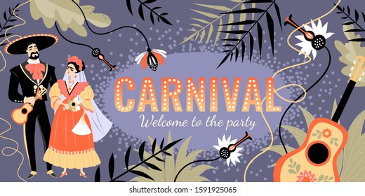 Carnival banner in latin american style with funny characters on floral background. Couple in traditional mexican costumes at a party. Vector illustration in cartoon style.