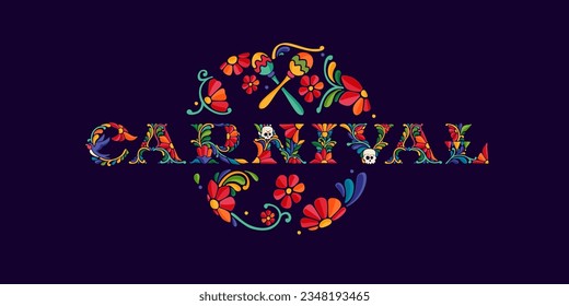 Carnival banner with Mexican colorful and ornate ethnic pattern. Traditional Aztec leaves and flowers embroidery ornament. Vector design template for folk Spanish food, holidays, carnival, and party.