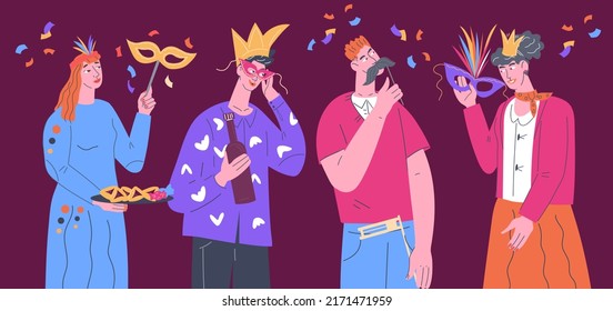 Carnival Banner Mockup With People In Funny Masquerade Masks And Hats, Flat Vector Illustration. People Celebrating Purim, Mardi Gras Festival Or Other Festive Event With Carnival, Banner Or Poster.