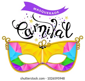  Carnival banner. Multicolored  carnival mask, with the calligraphic inscription Carnival on white background. 