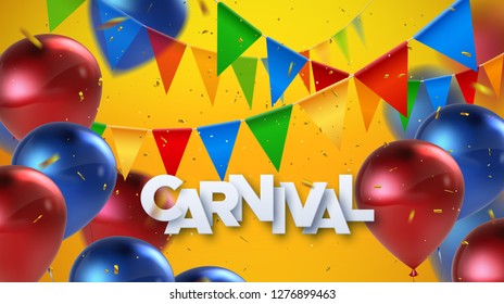 Carnival banner. Paper label with golden glittering confetti, colorful bunting flags and flying balloons. Vector illustration. Holiday event sign. Festive poster