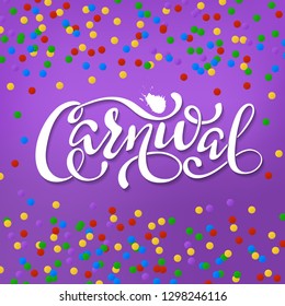 Carnival banner. Paper lettering label with colorful confetti. Holiday event sign. Festive poster. Vector illustration.