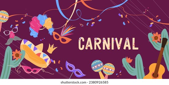 Carnival banner for party or festival invitation, flat vector illustration. Carnival party or festival poster template, masquerade event banner or flyer.