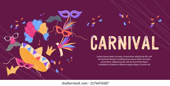 Carnival banner or party invitation template flat vector illustration. Carnival poster or flyer design for Mardi gras, Purim or Festa Junina, music and dance carnival.