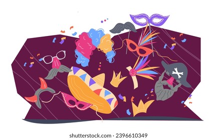 Carnival banner, poster or invitation template inspired by the Brazilian and Mardi Gras traditions, perfect for Purim or any festive occasion. Street carnival and mask show.