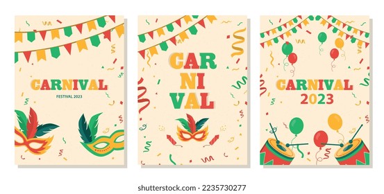 Carnival banner set. Collection of posters for website. Holiday and festival, event and entertainment. Masks, garlands and confetti. Cartoon flat vector illustrations isolated on white background