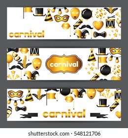Carnival banners with gold icons and objects. Celebration party backgrounds.