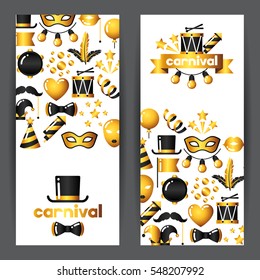Carnival banners with gold icons and objects. Celebration party backgrounds.
