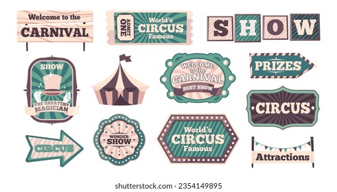 Carnival banners. Retro circus banner templates with comic texture, vintage ribbons for theater event card design. Vector set. Tickt for amusement show, tent sticker, signpost showing way