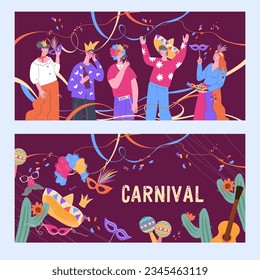 Karnevalsbanner mit Menschen haben Spaß in Masken, flache Vektorgrafik. Purim oder brasilianischer Karneval, Mardi Gras Festival Banner oder Flyer.