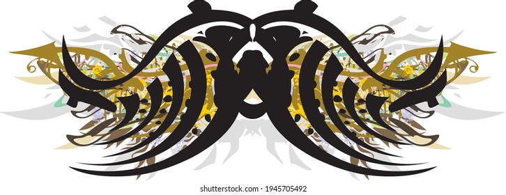 Carnival bear mask colorful splashes. Bear mask with elements of gray feathers and golden arrows, floral motifs on a white background for holidays and events, prints, textiles, etc.
