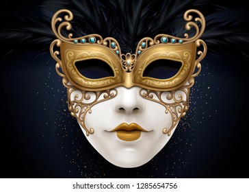 Carnival beautiful mask in 3d illustration with golden color particles