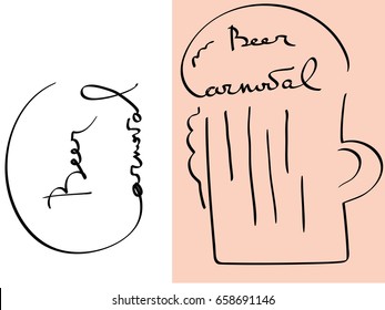 Carnival of beer. A stylized image of a beer mug. Inscription calligraphy beer festival. A set of images on the theme of carnival
