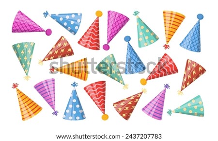 Carnival Birthday party hats pattern. Party festive paper cones, hand drawn hats celebration cone caps flat vector background illustration. Birthday hats backdrop
