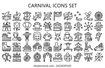 Carnival black outline icon set. contain carousel, confetti, mask, magician hat, fireworks and more. best for UI or UX kit, web and app development. vector EPS 10.