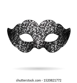 Carnival black silver glittering mask icon. Masquerade, Mardi Gras or Night Party part of dressing. Mystery and secret concept design element