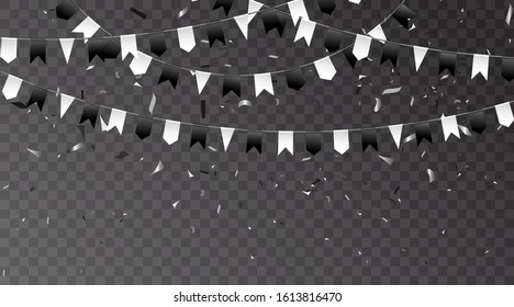 Carnival, black and white festive garlands of different shapes isolated. Pennants decorative and flags for a party to celebrate birthday, festival and fair decoration. Vector illustration
