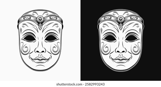 Carnival black and white venetian face mask. Detailed illustration in vintage style. Front view.