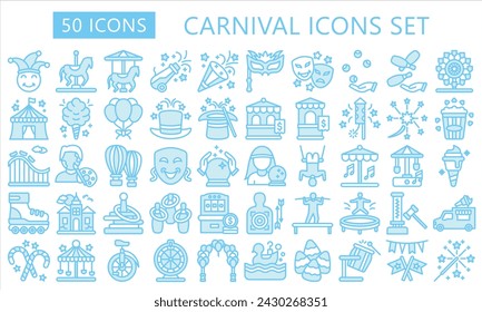 Carnival blue color icon set. contain carousel, confetti, mask, magician hat, fireworks and more. best for UI or UX kit, web and app development. vector EPS 10.