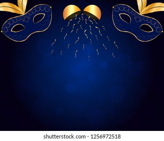Carnival blue vector background with gold decorations.