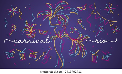 Carnival Brazil 2024 handwritten typography colorful logo. Party girl samba dancer and carnival elements with confetti isolated on purple background