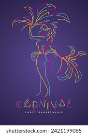 Carnival Brazil 2024 handwritten typography colorful logo party girl samba dancer music carnival elements isolated on purple background poster