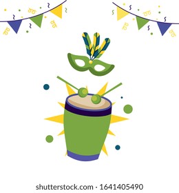 carnival brazil illustration with drum mask pennants and streamers. vector design
