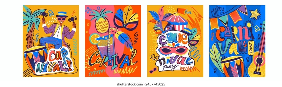 Carnival Brazil. Latin music party, poster summer, pattern background. America Rio, art mask, abstract Brazilian, Latina holiday. Invitation and greeting card design. Vector cartoon illustration set