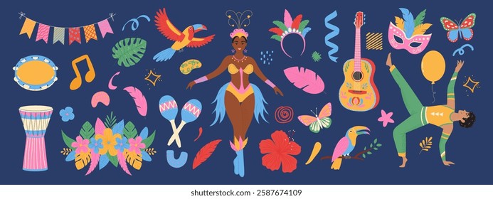 Carnival in Brazil. Masks, bird, dancing people in costume, guitar, garland. Trendy collection.