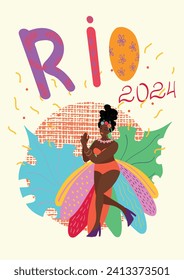 Carnival in Brazil in Rio 2024, a woman in a bikini with feathers dancing, poster, postcard, vector hand drawing art