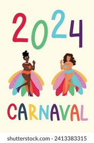 Carnival in Brazil in Rio 2024, a woman in a bikini with feathers dancing, poster, postcard, vector hand-drawn