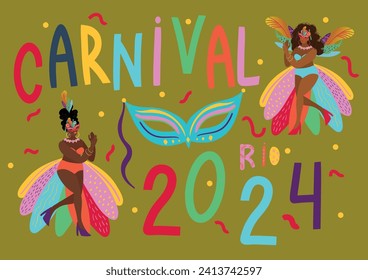 Karneval in Brasilien in Rio 2024, eine Frau in einem Bikini mit Federn tanzen, Plakat, Postkarte, Vektorgrafik handgezeichnet