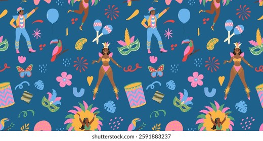 Carnival in Brazil. Seamless pattern with masks, exotic bird, dancing people, flowers. Modern vector illustration.