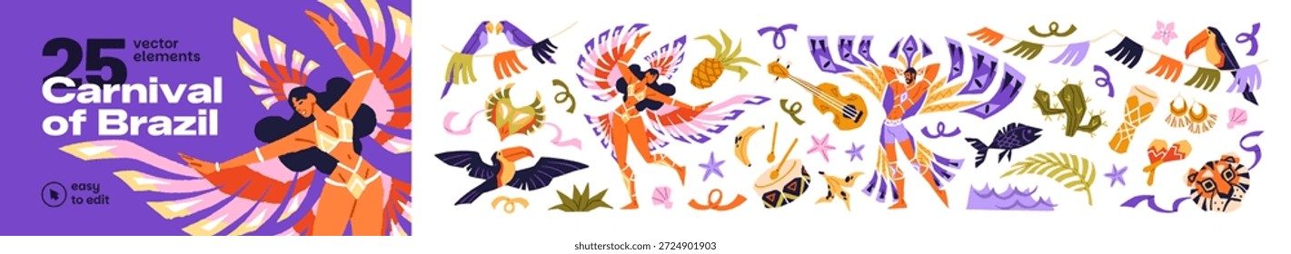 Karneval von Brasilien gesetzt. Gestaltungselemente des Breslauer Festivals. Feier der brasilianischen Partei in Rio. Lateinamerikanisches Fest mit Tänzern, Masken und Maracas. Flache, einzelne Vektorgrafiken auf Weiß