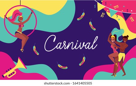 carnival brazil template with samba dancers between feathers. vector illustration