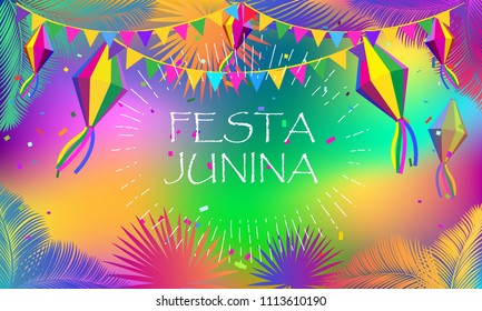 Carnival Brazilian Festa Junina Summer Festival abstract colorful festive banner with traditional masquerade symbols confetti, holiday lantern, palm tree leaves, tropical frame, rio, vector invitation