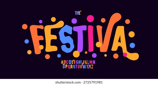Faschingsblase Alphabet Bold Playful Letters Funny Festival Schriftart für helle Fiesta-Logo, bunte Überschrift, Geburtstag, fröhlich bunte Typografie, Kids Zone Play Room Logo. Typografisches Vektordesign
