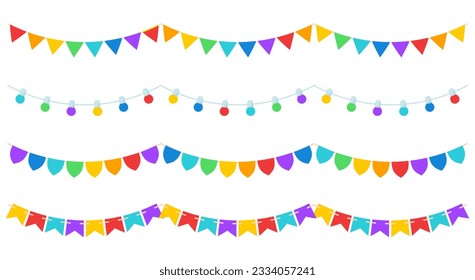 Carnival bunting garland with flags colorful flat set. Rainbow colors pennants flag lantern bulb birthday gender party celebration seamless banner fiesta border holiday header divider frame isolated