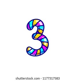 Carnival candy cane font isolated on white background. Festive alphabet number character 3.  Cartoon lollipop lettering vector illustrataion. Sweet lolly alphabet.  Caramel christmas abc three symbol 