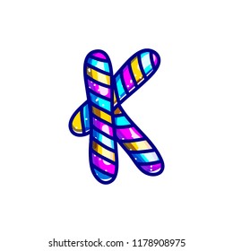 Carnival candy cane font isolated on white background. Festive alphabet character K.  Cartoon lollipop lettering vector illustrataion. Sweet lolly alphabet.  Caramel christmas abc symbols. 