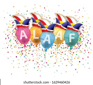 Carnival caps with colored balloons and confetti und german text Alaaf, translate Hooray. Eps 10 vector file.